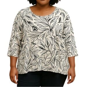 Christian Siriano Fern Print Hi Low Top Black Ivory Scoop Neck Long Sleeves 2X